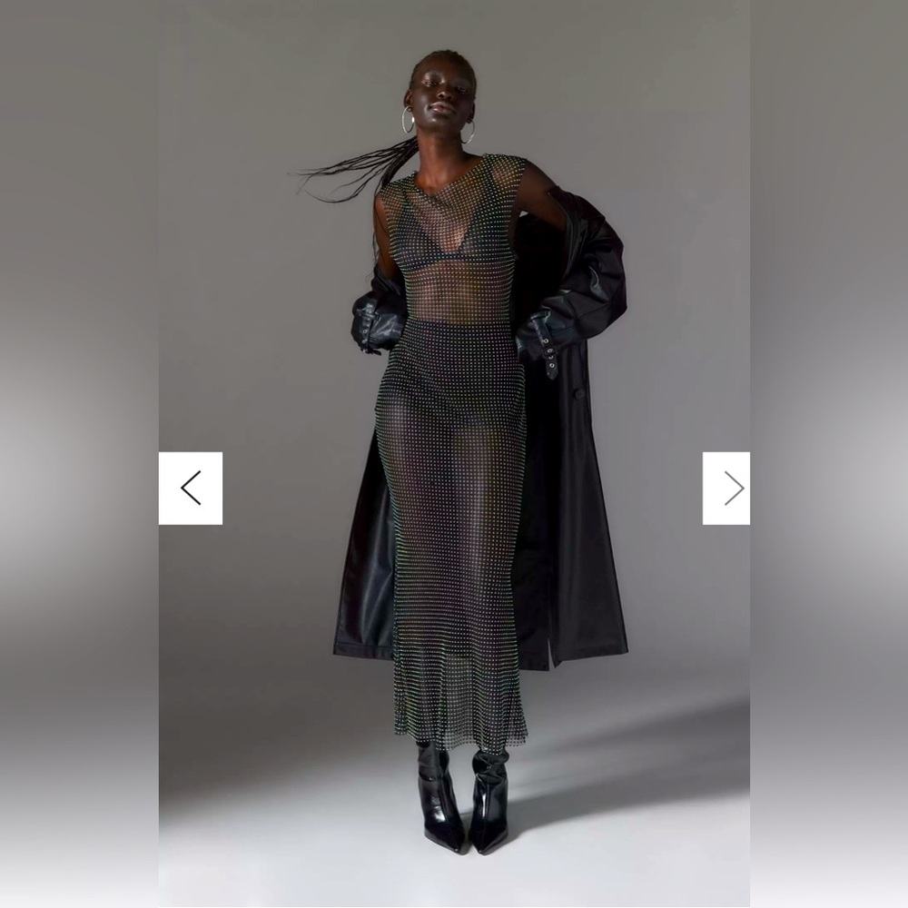NWT Silence+Noise “Stephanie” Fishnet and Rhinestone Sheer Black Maxi Dress, L